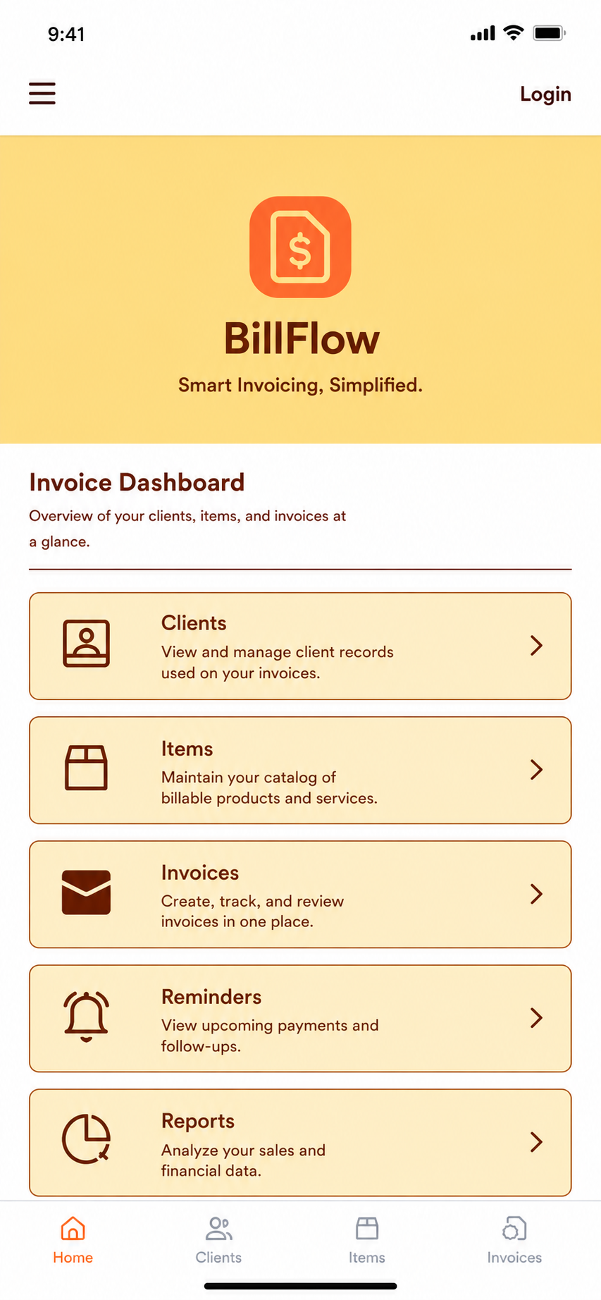 BillFlow mobile app invoice dashboard