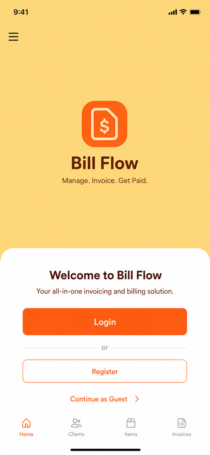 BillFlow mobile app clients screen