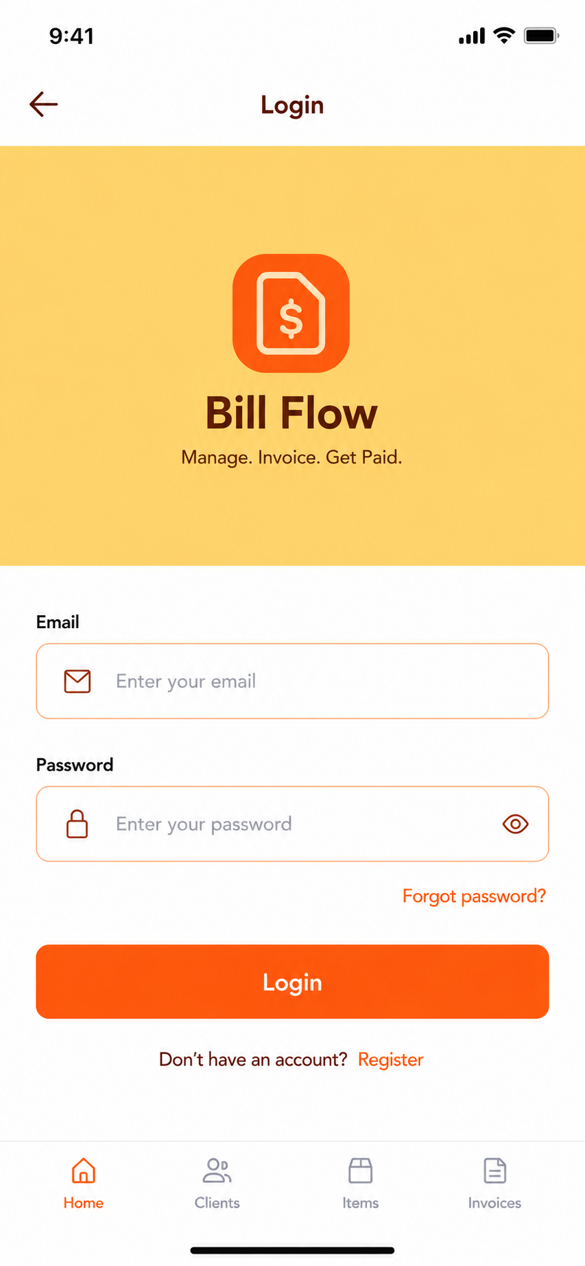 BillFlow mobile app items catalog