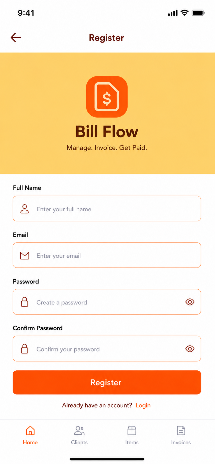 BillFlow mobile app invoices list