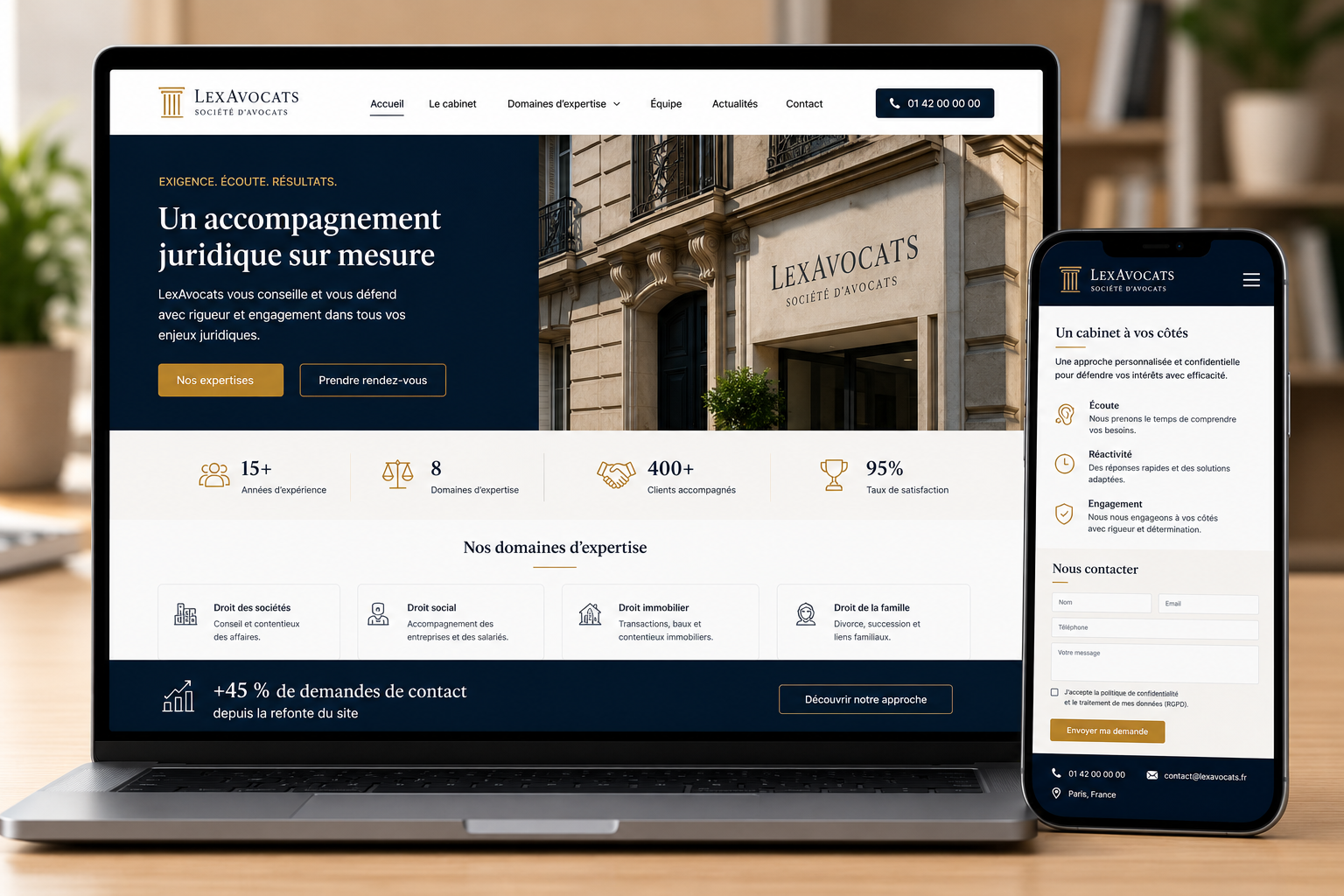 LexAvocats — law firm website homepage on desktop and mobile