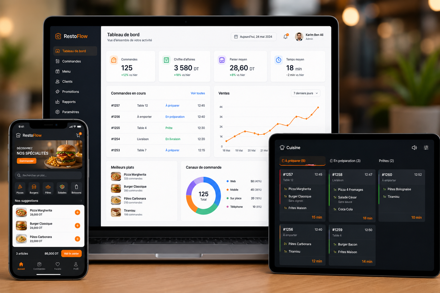 RestoFlow — restaurant ordering platform: dashboard, mobile menu and kitchen screens
