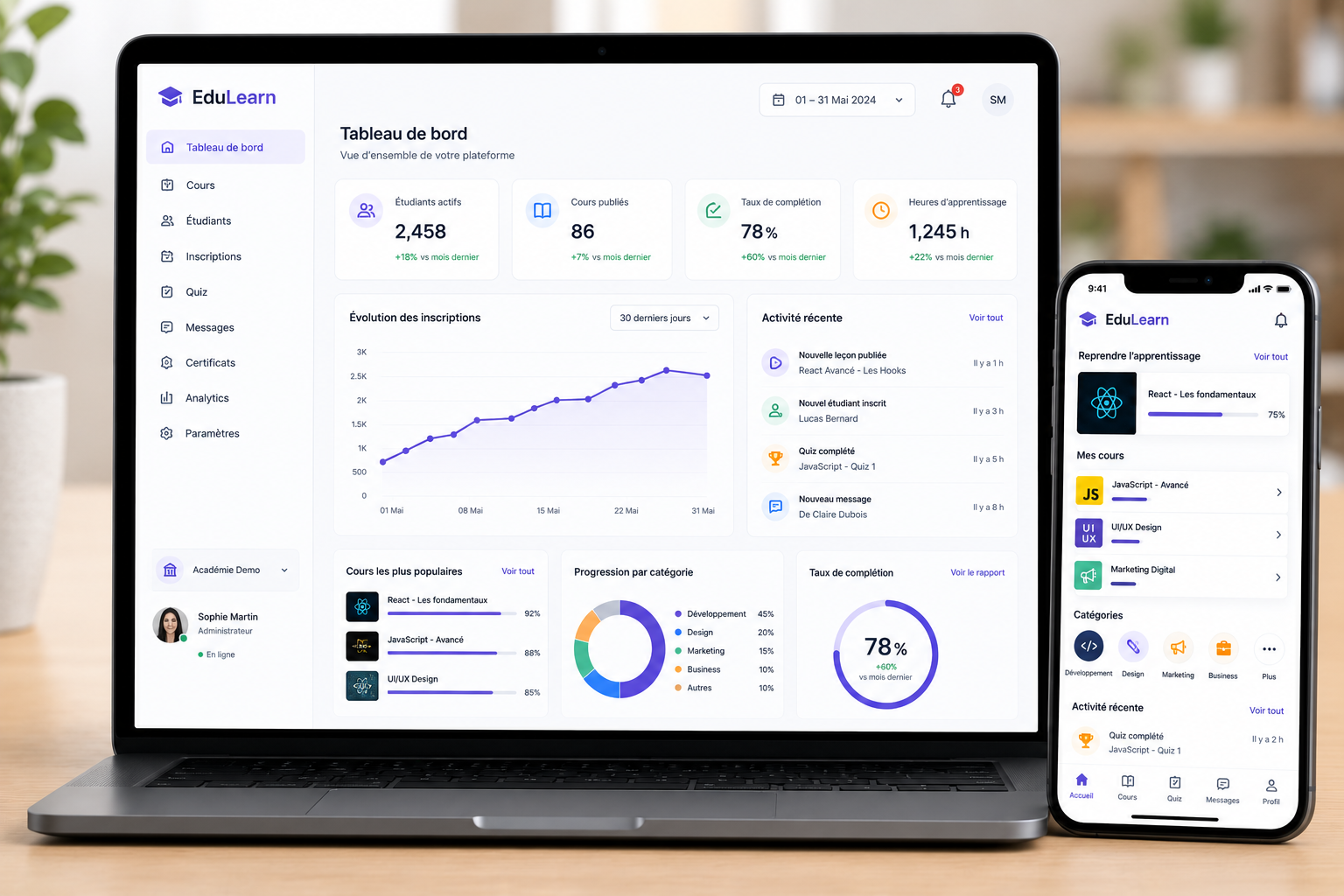 EduLearn — online learning dashboard with course progress and mobile view