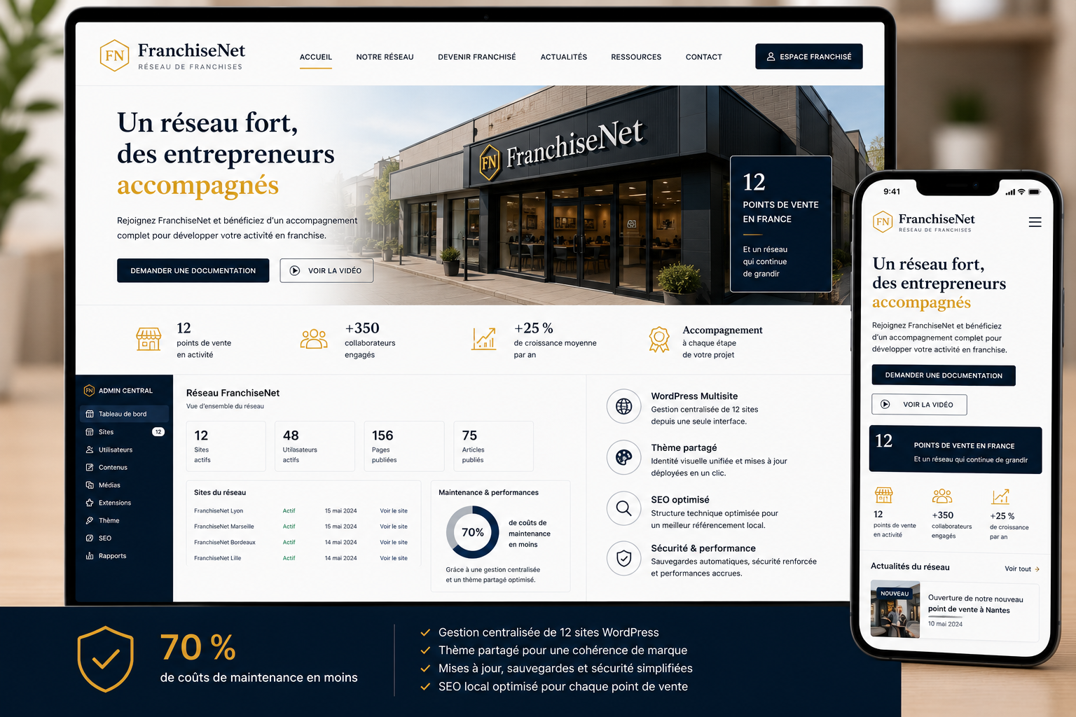 FranchiseNet — franchise network portal homepage on desktop and mobile