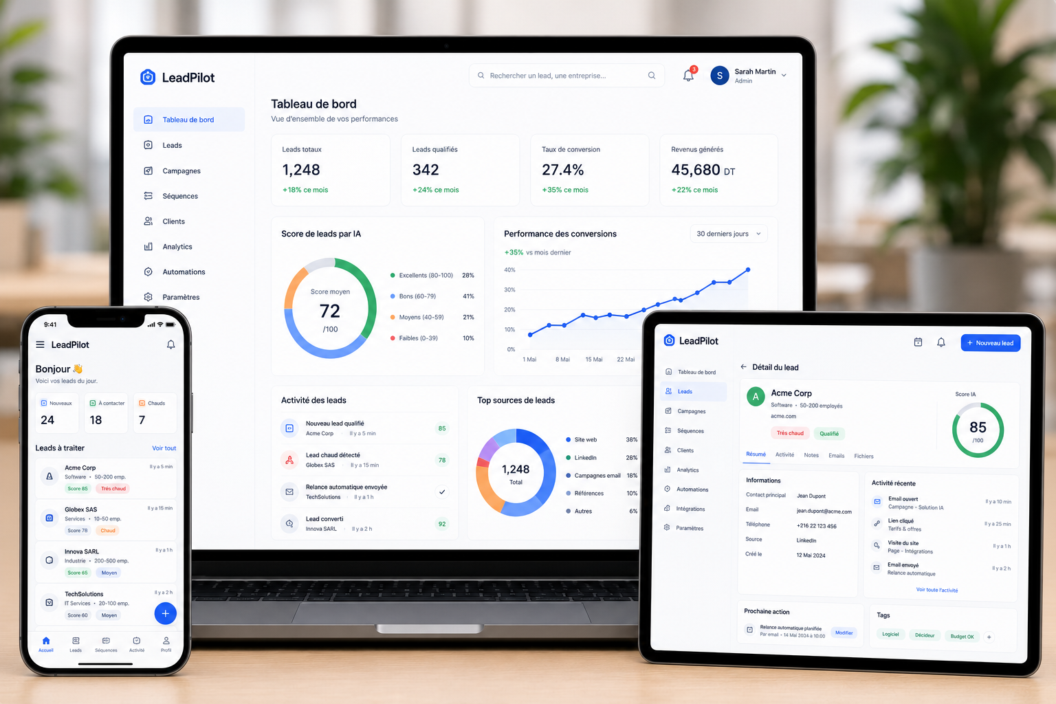LeadPilot — AI lead qualification: dashboard, mobile leads list and lead details screens