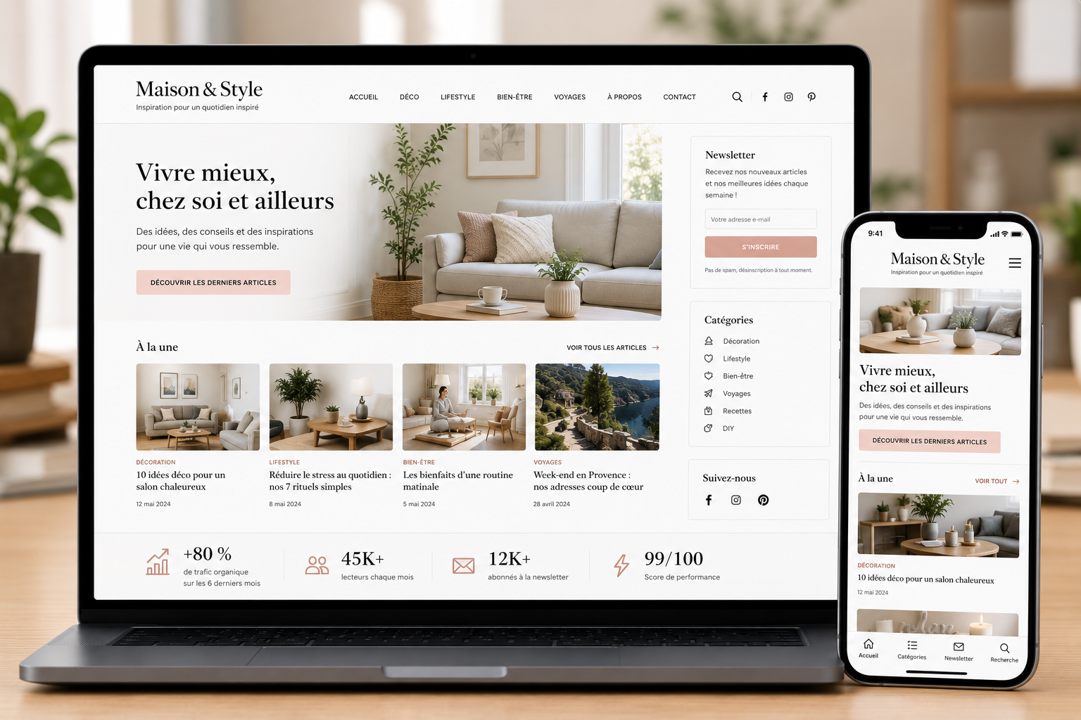 Maison & Style — lifestyle blog homepage with featured articles and mobile view