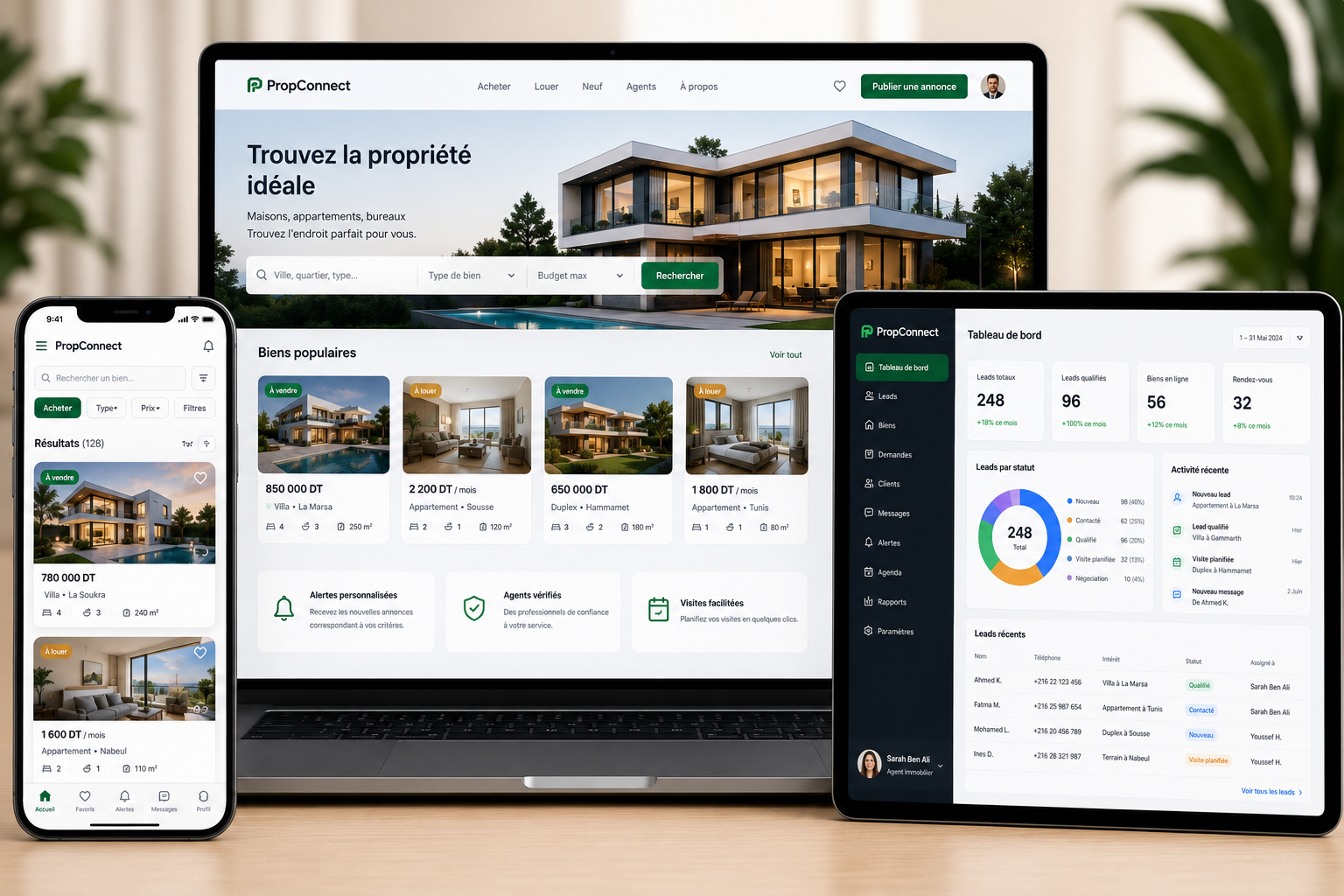 PropConnect — property listings portal: search homepage and CRM dashboard screens