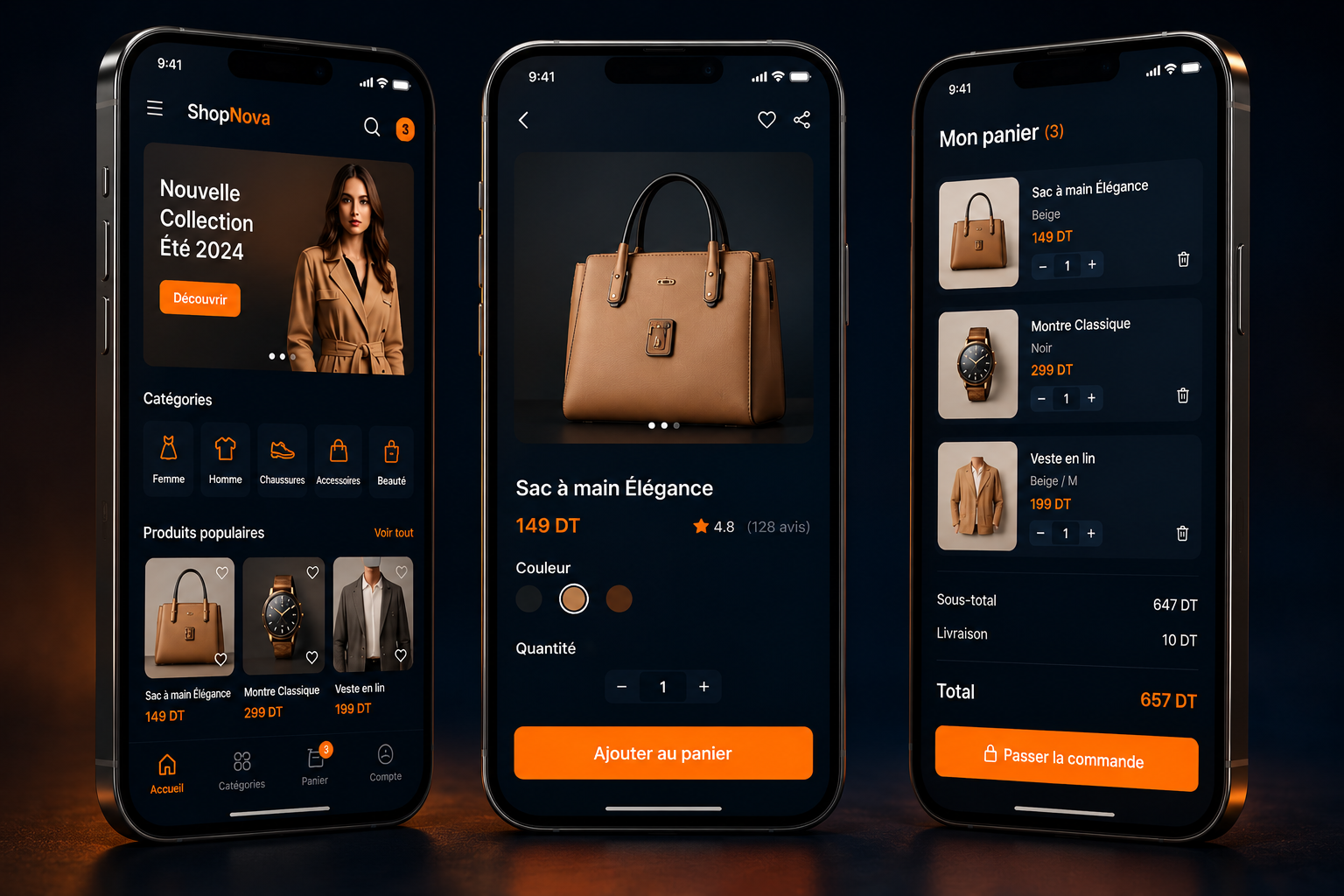 ShopNova — boutique en ligne (WooCommerce): écrans accueil, produit et panier