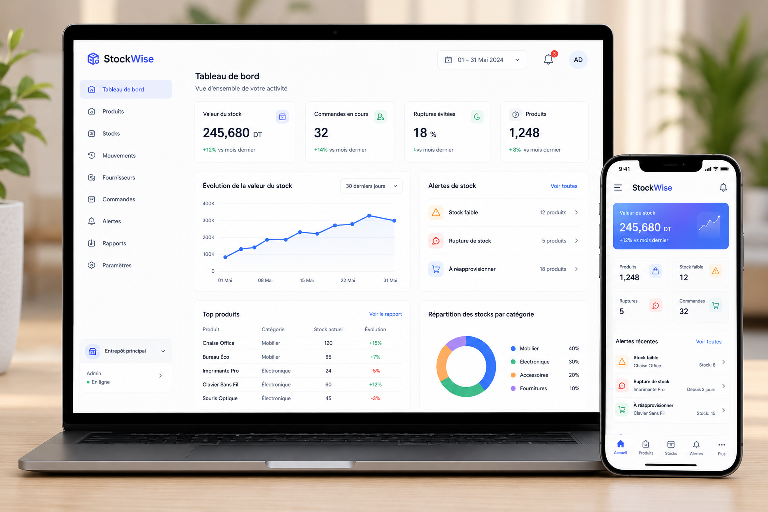 StockWise — inventory management dashboard and mobile overview screens