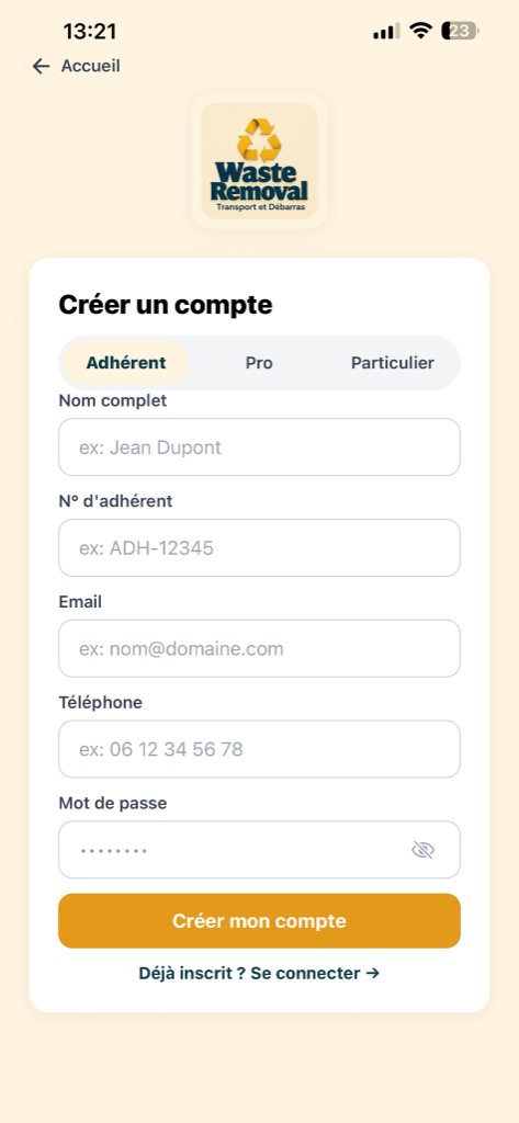 Waste Removal mobile app signup screen