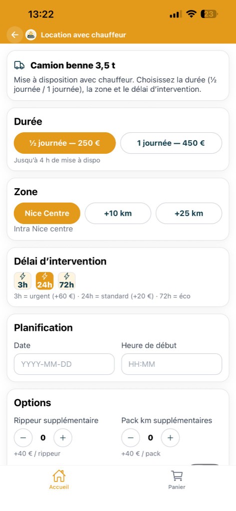 Waste Removal mobile app truck rental flow