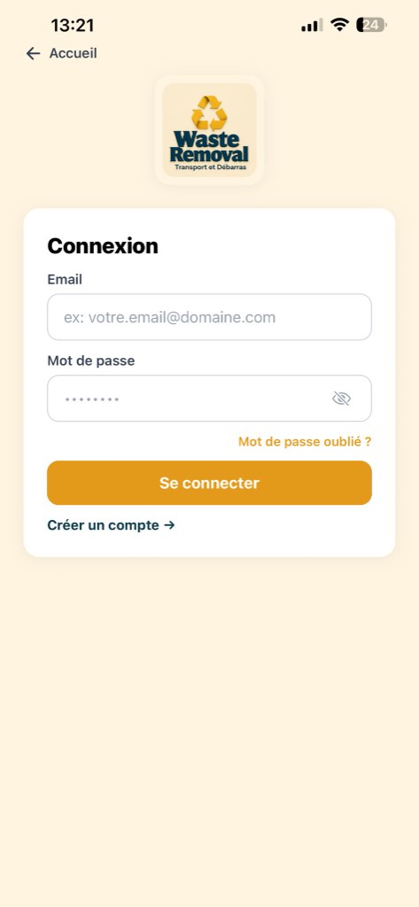 Waste Removal mobile app login screen