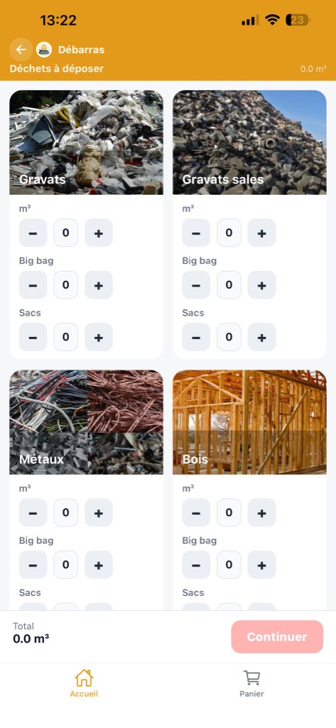 Waste Removal mobile app debris quantity selection