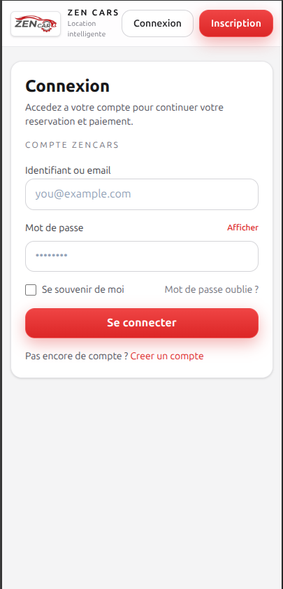 ZenCars mobile app login screen