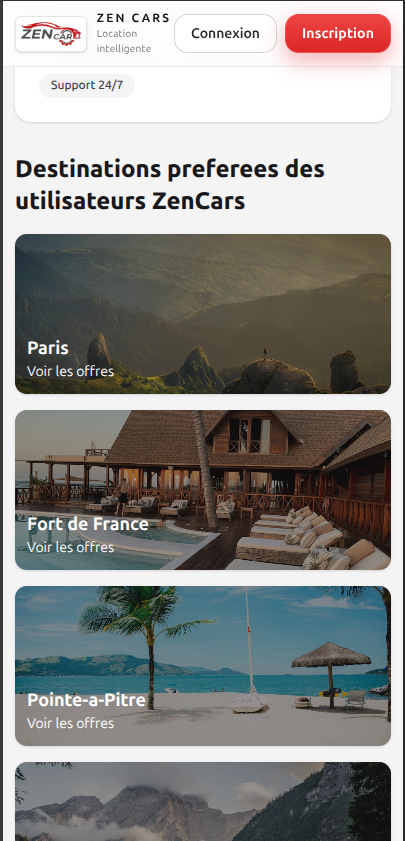ZenCars mobile app featured destinations screen