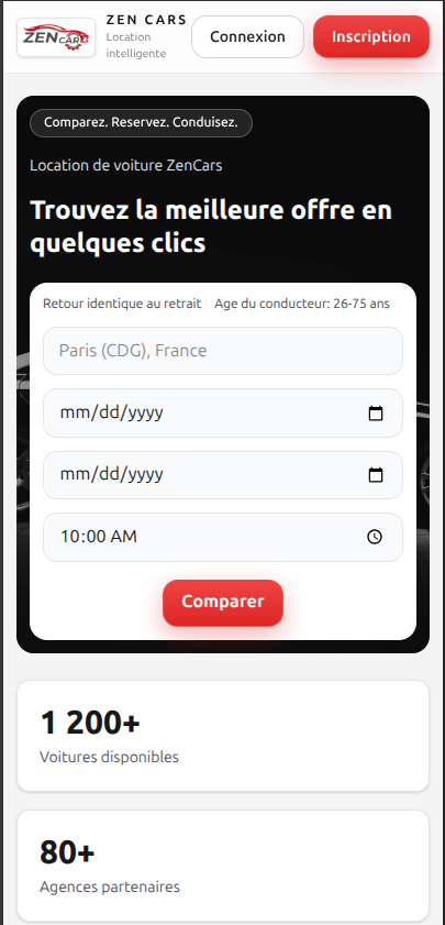ZenCars mobile app booking search screen