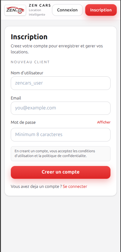ZenCars mobile app signup screen