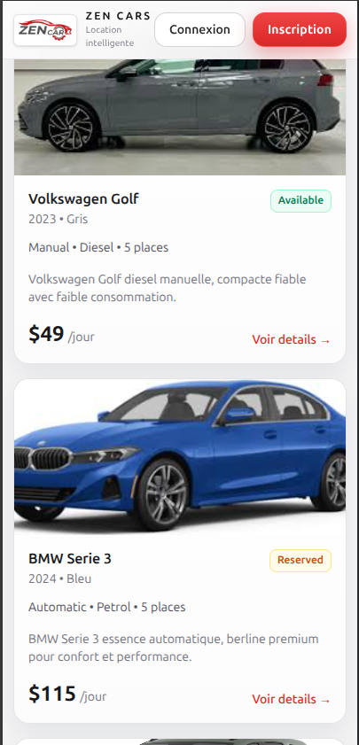 ZenCars mobile app cars catalog screen