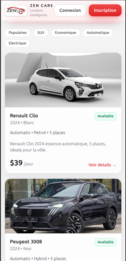 ZenCars mobile app car details list screen